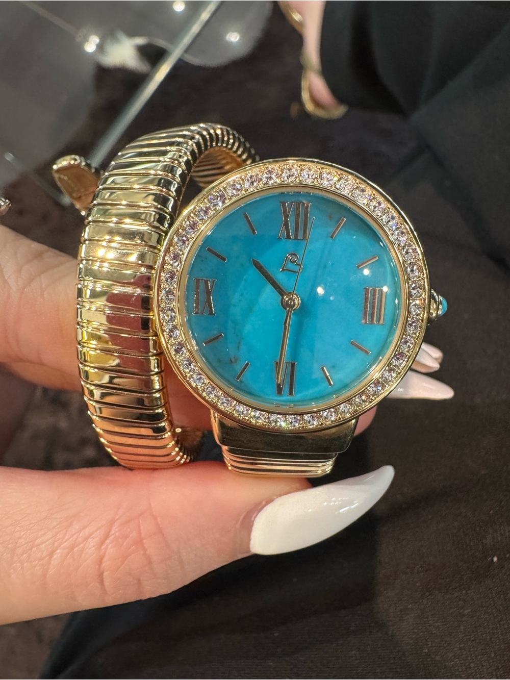 Colleen Lopez Turquoise Gemstone Dial Gold-Tone Coil Wrap Watch